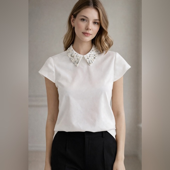 Ted Baker Jaylen Embellished Collar Cap Sleeve Top in Ivory